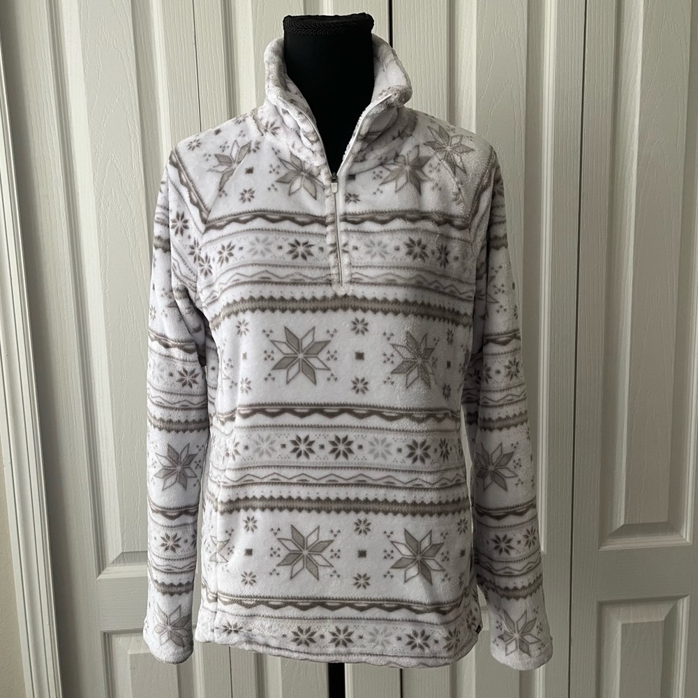Eddie Bauer Fleece Pull Over Women's M, Gray White Snowflake 1/4 Zip Athleisure